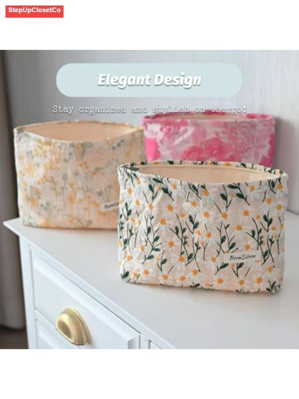 Large Floral Cosmetic Bag for Women, Toiletry Travel Organizer Pouch, Zippered